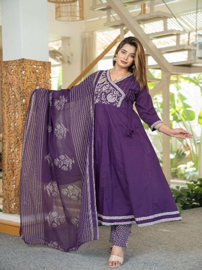 Beautiful Purple Cotton Embroidery Anarkali Suit Set - BONYHUBSALWAR KAMEEZ