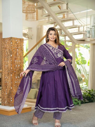 Beautiful Purple Cotton Embroidery Anarkali Suit Set - BONYHUBSALWAR KAMEEZ