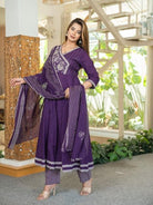Beautiful Purple Cotton Embroidery Anarkali Suit Set - BONYHUBSALWAR KAMEEZ