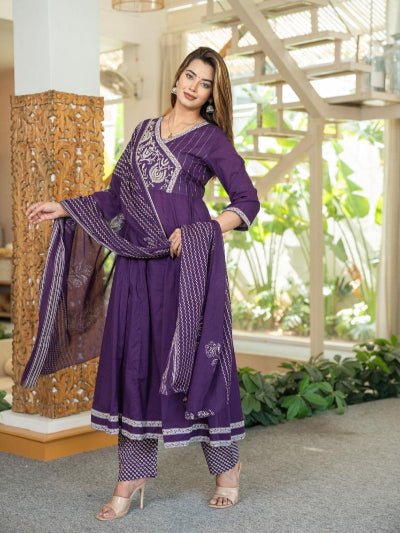 Beautiful Purple Cotton Embroidery Anarkali Suit Set - BONYHUBSALWAR KAMEEZ