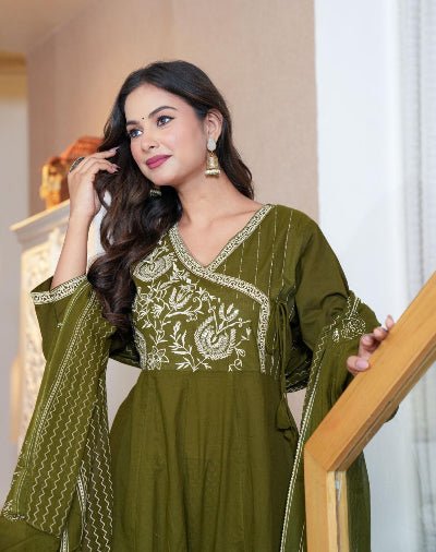 Beautiful Olive Green Cotton Embroidery Anarkali Suit Set - BONYHUBSALWAR KAMEEZ