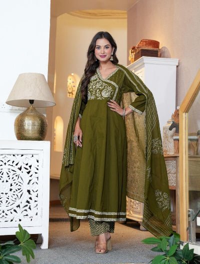 Beautiful Olive Green Cotton Embroidery Anarkali Suit Set - BONYHUBSALWAR KAMEEZ