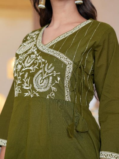 Beautiful Olive Green Cotton Embroidery Anarkali Suit Set - BONYHUBSALWAR KAMEEZ