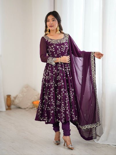 Purple Georgette Embroidery Work Anarkali Suit - BONYHUBSALWAR KAMEEZ