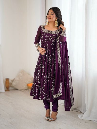 Purple Georgette Embroidery Work Anarkali Suit - BONYHUBSALWAR KAMEEZ