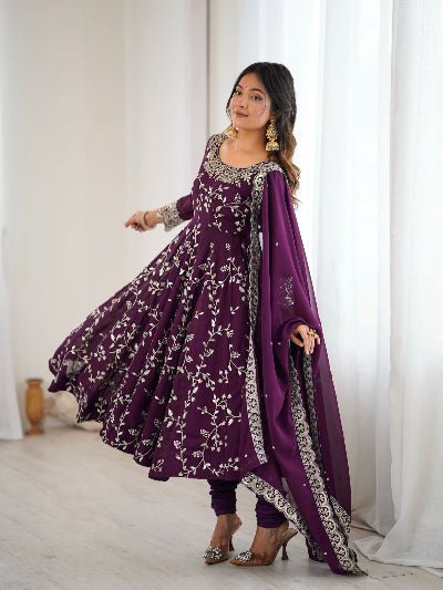 Purple Georgette Embroidery Work Anarkali Suit - BONYHUBSALWAR KAMEEZ