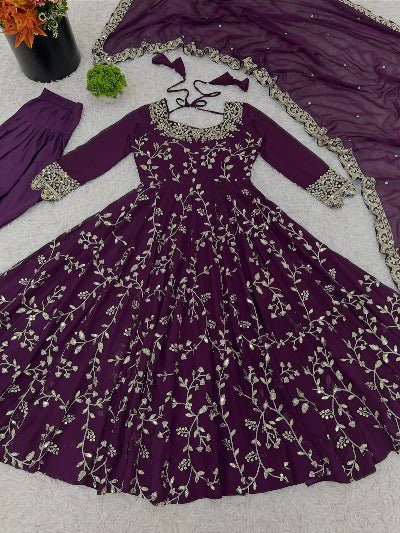 Purple Georgette Embroidery Work Anarkali Suit - BONYHUBSALWAR KAMEEZ