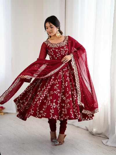 Red Georgette Embroidery Work Anarkali Suit - BONYHUBSALWAR KAMEEZ