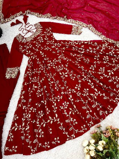 Red Georgette Embroidery Work Anarkali Suit - BONYHUBSALWAR KAMEEZ