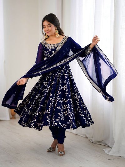 Navy Blue Georgette Embroidery work Anarkali Suit Set - BONYHUBSALWAR KAMEEZ