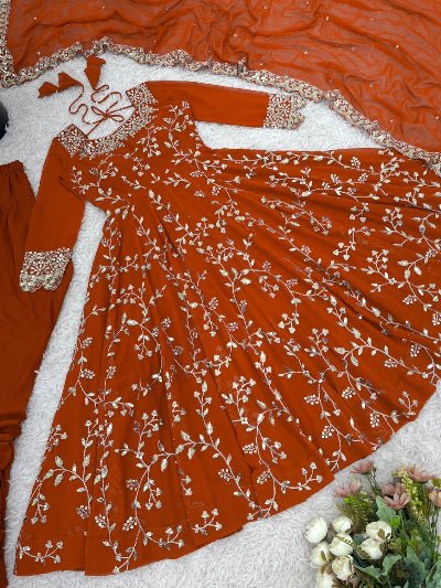 Orange Georgette Embroidery Work Anarkali Suit Set - BONYHUBSALWAR KAMEEZ