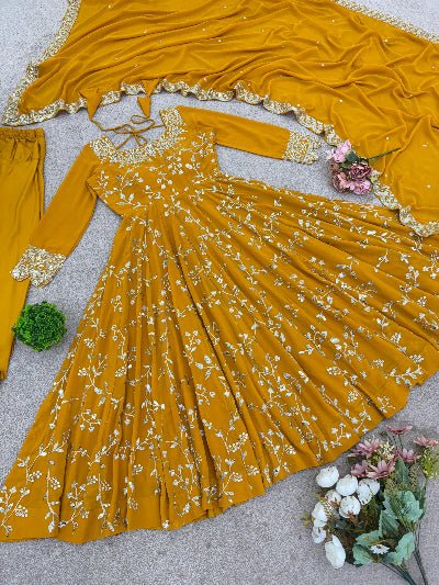Yellow Georgette Embroidery Work Anarkali Suit Set - BONYHUBSALWAR KAMEEZ