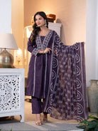 Elegant Purple Adda Work Cotton Anarkali Suit Set - BONYHUBSALWAR KAMEEZ