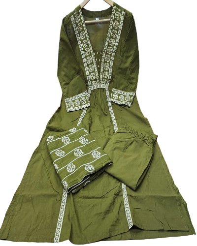 Olive Green Adda Work Cotton Anarkali Suit Set - BONYHUBSALWAR KAMEEZ