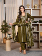 Olive Green Adda Work Cotton Anarkali Suit Set - BONYHUBSALWAR KAMEEZ