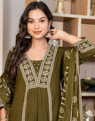 Olive Green Adda Work Cotton Anarkali Suit Set - BONYHUBSALWAR KAMEEZ