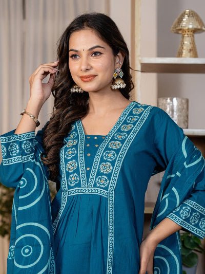 Stylish Blue Adda Work Cotton Anarkali Suit Set - BONYHUBSALWAR KAMEEZ