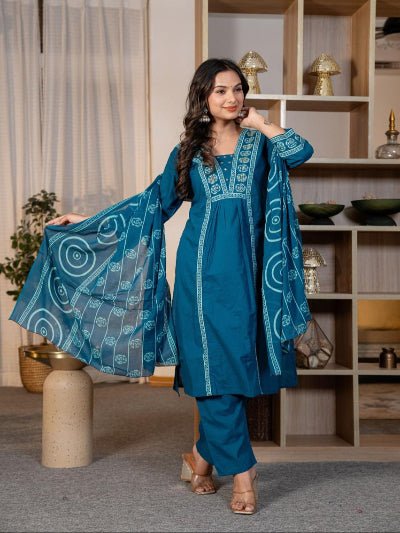 Stylish Blue Adda Work Cotton Anarkali Suit Set - BONYHUBSALWAR KAMEEZ
