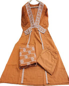 Rust Orange Adda Work Cotton Anarkali Suit Set - BONYHUBSALWAR KAMEEZ