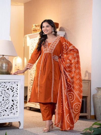 Rust Orange Adda Work Cotton Anarkali Suit Set - BONYHUBSALWAR KAMEEZ