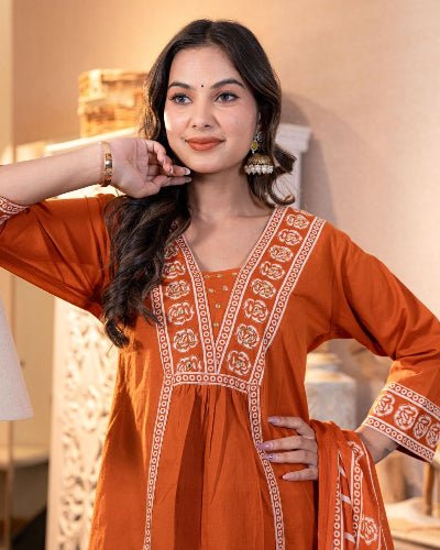 Rust Orange Adda Work Cotton Anarkali Suit Set - BONYHUBSALWAR KAMEEZ