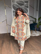 Beige Kashmiri Embroidery Cotton Straight Suit Set - BONYHUBSALWAR KAMEEZ