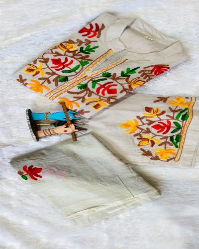 Beige Kashmiri Embroidery Cotton Straight Suit Set - BONYHUBSALWAR KAMEEZ