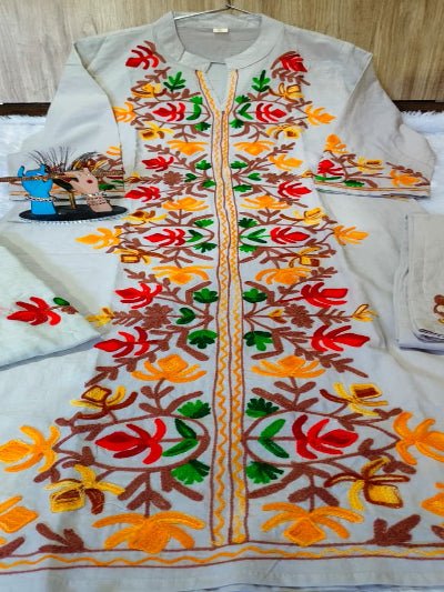 Beige Kashmiri Embroidery Cotton Straight Suit Set - BONYHUBSALWAR KAMEEZ