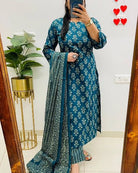 Beautiful Blue Printed Cotton Straight Suit Set - BONYHUBSALWAR KAMEEZ