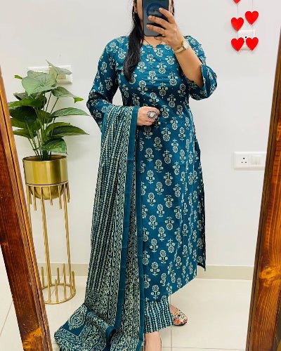 Beautiful Blue Printed Cotton Straight Suit Set - BONYHUBSALWAR KAMEEZ