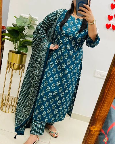Beautiful Blue Printed Cotton Straight Suit Set - BONYHUBSALWAR KAMEEZ