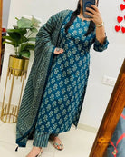 Beautiful Blue Printed Cotton Straight Suit Set - BONYHUBSALWAR KAMEEZ