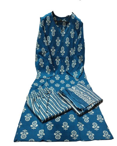 Beautiful Blue Printed Cotton Straight Suit Set - BONYHUBSALWAR KAMEEZ