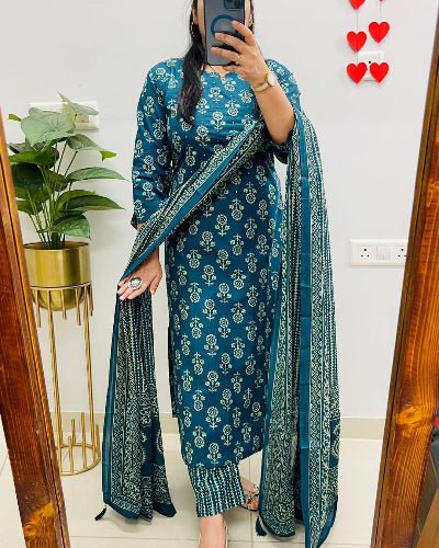 Beautiful Blue Printed Cotton Straight Suit Set - BONYHUBSALWAR KAMEEZ