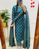 Beautiful Blue Printed Cotton Straight Suit Set - BONYHUBSALWAR KAMEEZ