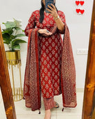 Elegant Red Printed Cotton Straight Suit Set - BONYHUBSALWAR KAMEEZ