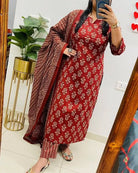 Elegant Red Printed Cotton Straight Suit Set - BONYHUBSALWAR KAMEEZ