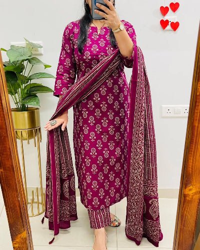 Classic Pink Printed Cotton Straight Suit Set - BONYHUBSALWAR KAMEEZ