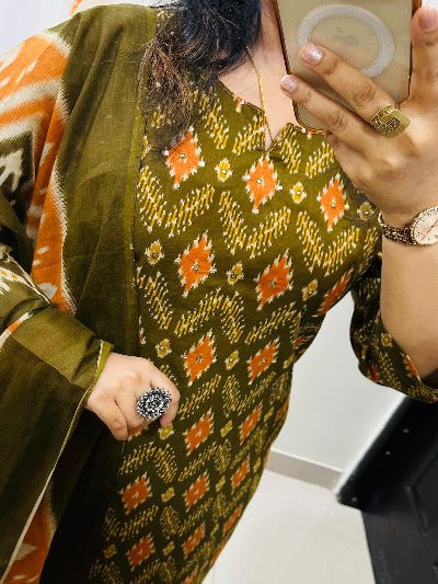 Mehendi Green Sequin Detailing Cotton Straight Suit Set - BONYHUBSALWAR KAMEEZ