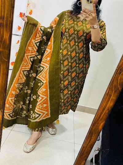 Mehendi Green Sequin Detailing Cotton Straight Suit Set - BONYHUBSALWAR KAMEEZ