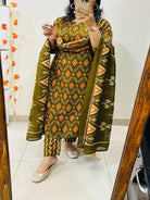 Mehendi Green Sequin Detailing Cotton Straight Suit Set - BONYHUBSALWAR KAMEEZ