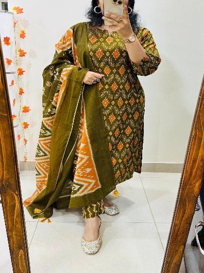 Mehendi Green Sequin Detailing Cotton Straight Suit Set - BONYHUBSALWAR KAMEEZ