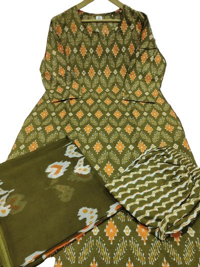 Mehendi Green Sequin Detailing Cotton Straight Suit Set - BONYHUBSALWAR KAMEEZ