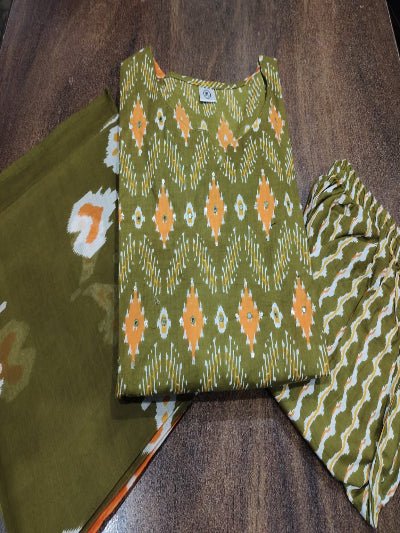 Mehendi Green Sequin Detailing Cotton Straight Suit Set - BONYHUBSALWAR KAMEEZ