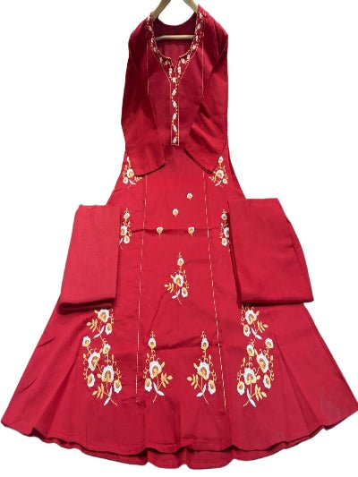 Elegant Red Embroidery Cotton Straight Suit Set - BONYHUBSALWAR KAMEEZ