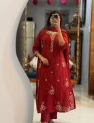 Elegant Red Embroidery Cotton Straight Suit Set - BONYHUBSALWAR KAMEEZ