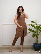 Trendy Brown Cotton Plain Kurti Pant Set Of 2 - BONYHUBSALWAR KAMEEZ