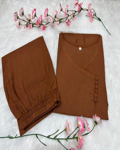 Trendy Brown Cotton Plain Kurti Pant Set Of 2 - BONYHUBSALWAR KAMEEZ
