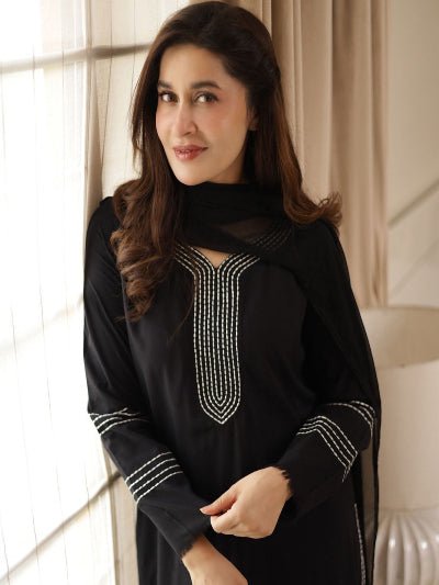 Trendy Black Cotton Farshi Style Straight Suit Set - BONYHUBSALWAR KAMEEZ