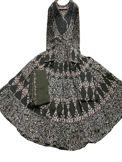 Classic Olive Green katha Embroidery Anarkali Suit Set - BONYHUBSALWAR KAMEEZ